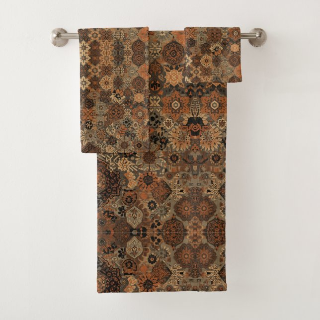 Dark Boho Terracotta Sage Botanical Pattern  Bath Towel Set (Insitu)