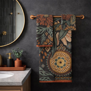 Dark Boho Terracotta Sage Botanical Pattern Bath Towel Set
