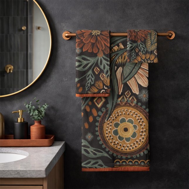 Dark Boho Terracotta Sage Botanical Pattern Bath Towel Set (Creator Uploaded)