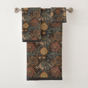 Dark Boho Terracotta Sage Botanical Pattern Bath Towel Set