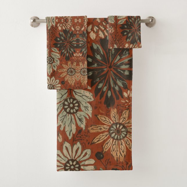 Dark Boho Terracotta Sage Botanical Pattern  Bath Towel Set (Insitu)