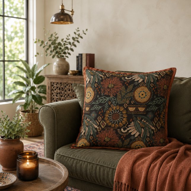 Dark Boho Terracotta Sage Botanical Pattern Cushion (Creator Uploaded)