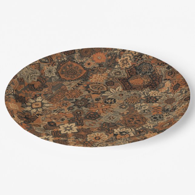 Dark Boho Terracotta Sage Botanical Pattern  Paper Plate (Angled)