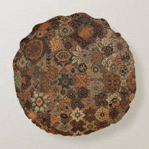 Dark Boho Terracotta Sage Botanical Pattern  Round Cushion