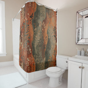 Dark Boho Terracotta Sage Botanical Pattern Shower Curtain