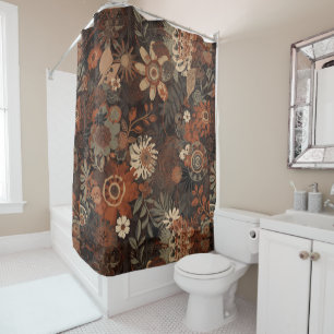 Dark Boho Terracotta Sage Botanical Pattern Shower Curtain