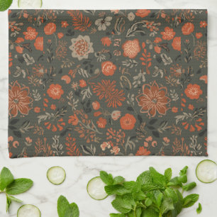 Dark Boho Terracotta Sage Botanical Pattern Tea Towel