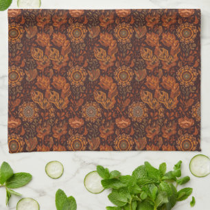 Dark Boho Terracotta Sage Botanical Pattern Tea Towel