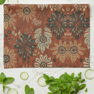 Dark Boho Terracotta Sage Botanical Pattern Tea Towel