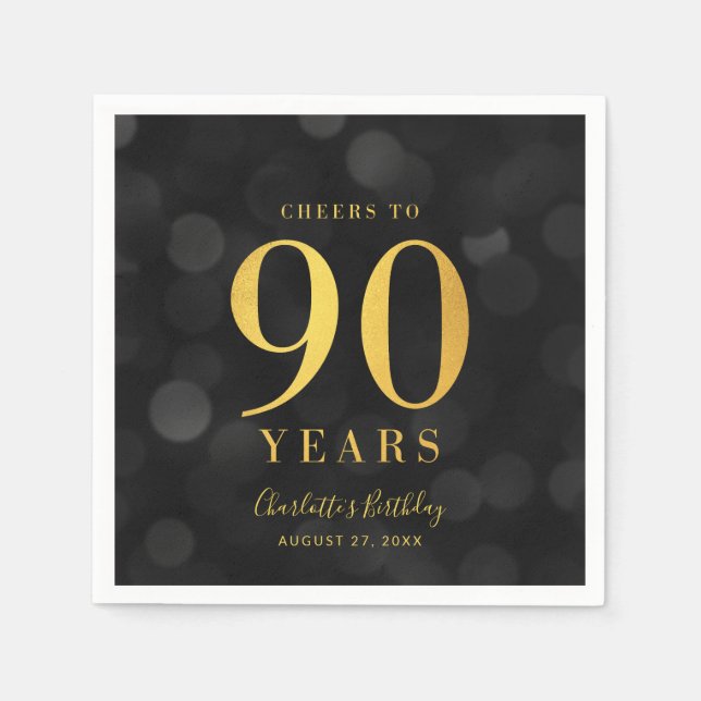 Dark Bokeh Faux Gold Cheers to 90 Years Birthday Napkin (Front)