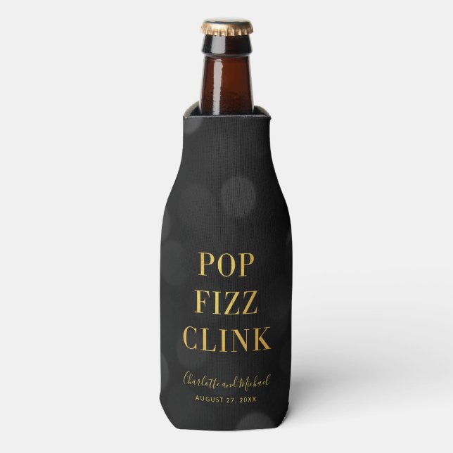 Dark Bokeh Faux Gold Pop Fizz Clink Bottle Cooler (Bottle Front)
