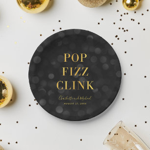 Dark Bokeh Faux Gold Pop Fizz Clink Paper Plate