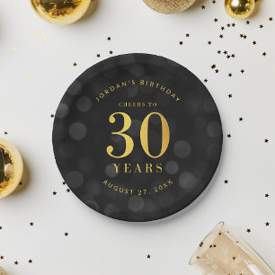Dark Bokeh Gold Cheers to 30 Years Birthday Paper Plate