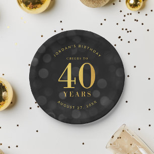 Dark Bokeh Gold Cheers to 40 Years Birthday Paper Plate