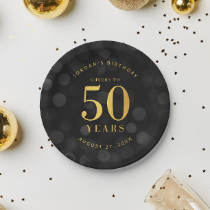 Dark Bokeh Gold Cheers to 50 Years Birthday Paper Plate