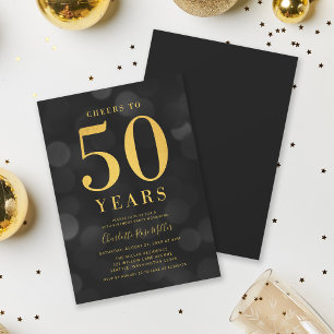 Dark Bokeh Gold Cheers to 50 Years Birthday Party Invitation