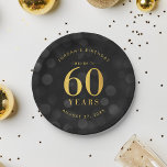 Dark Bokeh Gold Cheers to 60 Years Birthday Paper Plate<br><div class="desc">Chic 60th Birthday paper plate featuring the words "Cheers to 60 Years" in faux gold foil against a dark grey bokeh lights pattern background. Personalise this with your details by replacing the placeholder text. For more options such as to change the font, text size/colour or the spacing between letters click...</div>