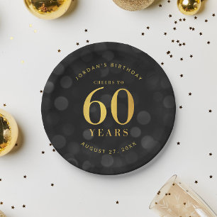 Dark Bokeh Gold Cheers to 60 Years Birthday Paper Plate