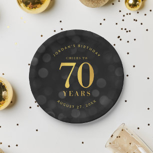 Dark Bokeh Gold Cheers to 70 Years Birthday Paper Plate