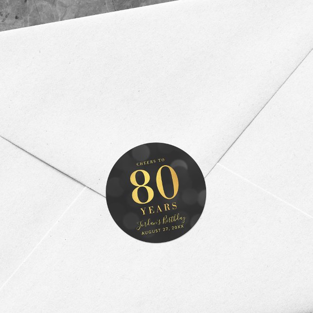 Dark Bokeh Gold Cheers to 80 Years Birthday Classic Round Sticker (Creator Uploaded)