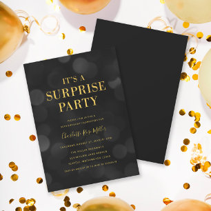Dark Bokeh Gold It's a Surprise Party Birthday Invitation