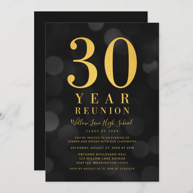 Dark Bokeh Lights 30 Year Class Reunion Invitation (Front/Back)