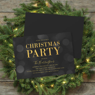 Dark Bokeh Lights Faux Gold Christmas Party Invitation