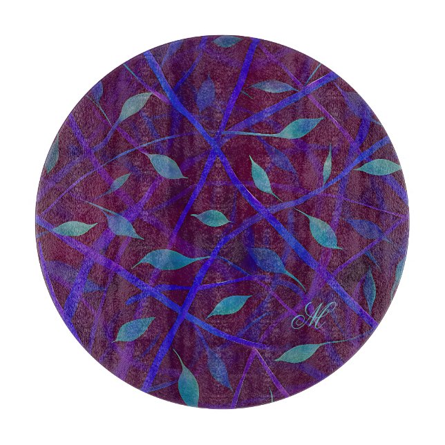Dark Botanical Burgundy Jewel Foliage Monogram Cutting Board (Front)