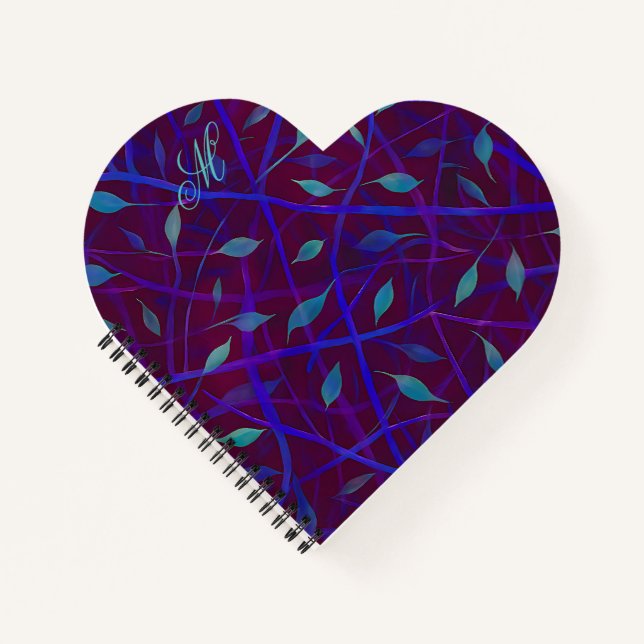 Dark Botanical Burgundy Jewel Foliage Monogram Notebook (Front)