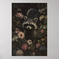 Dark Botanical Cute Raccoon Art Printable Forest