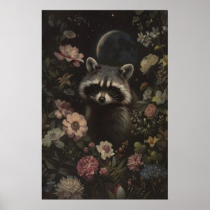 Dark Botanical Cute Raccoon Art Printable Forest Poster