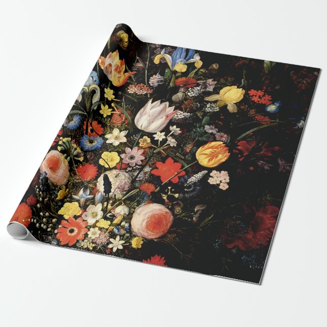Dark Botanical Elegant Floral Wrapping Paper (Unrolled)