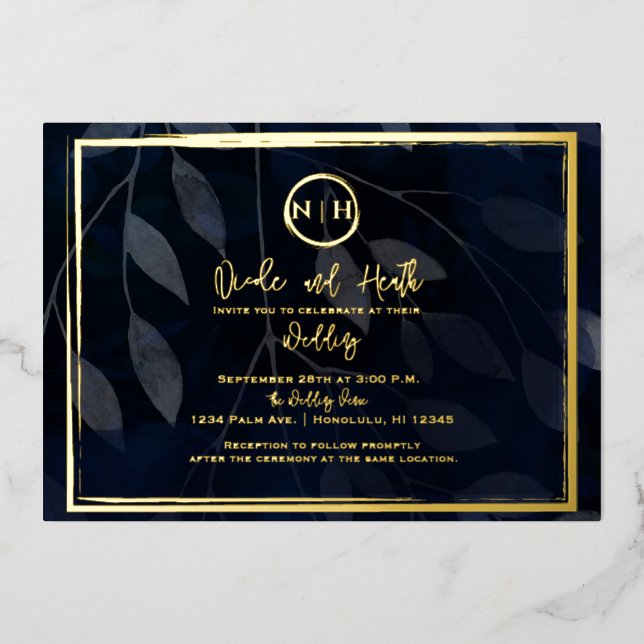 Dark Botanical Elegant Navy Blue & Gold Wedding (Front)