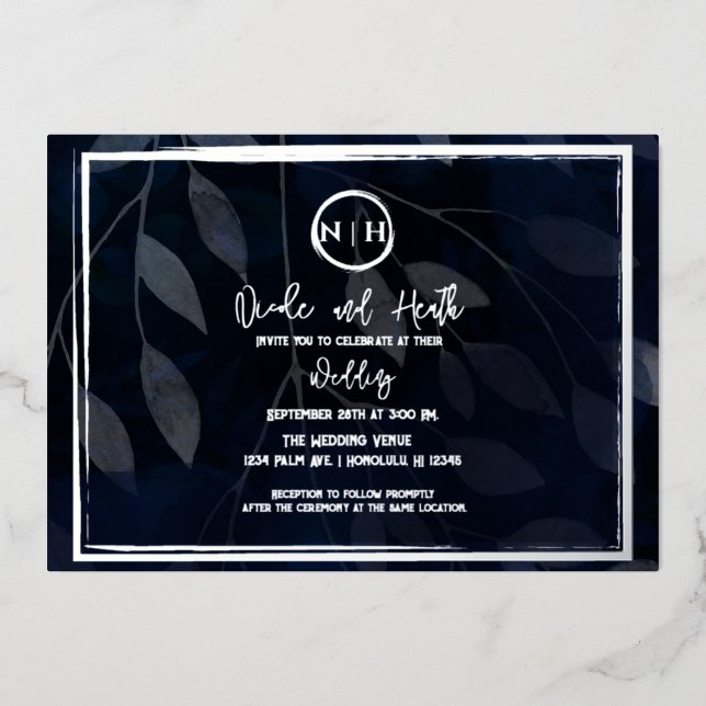 Dark Botanical Elegant Navy Blue & Silver Wedding  (Front)