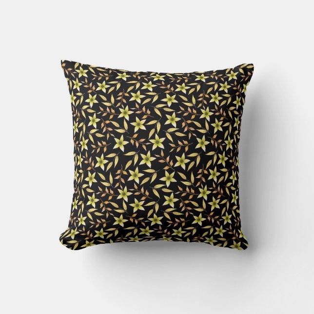 Dark botanical floral pattern with yellow flowers cushion (Front)