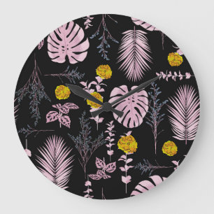 Dark botanical, flowers leaves pattern. large clock