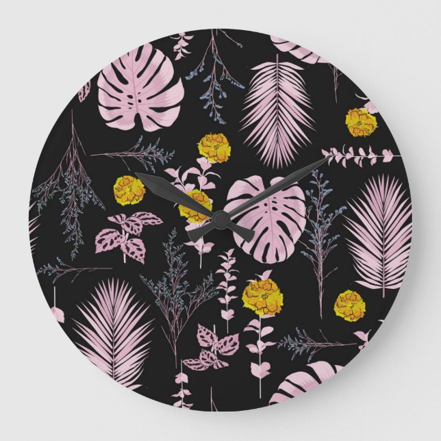 Dark botanical, flowers leaves pattern. large clock (Front)