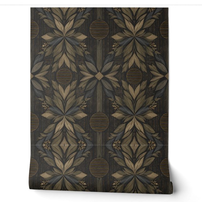 Dark Botanical Geometric – Olive & Bronze Leaf Wallpaper (Unrolling)