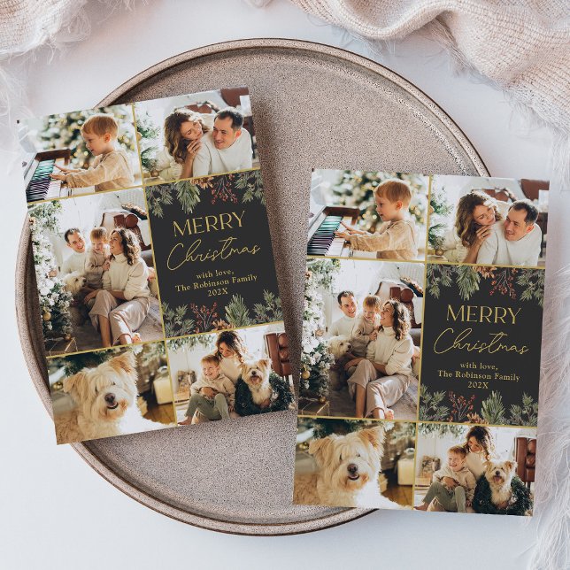 Dark Botanical Gold Script 5 Photo Christmas Card (Creator Uploaded)