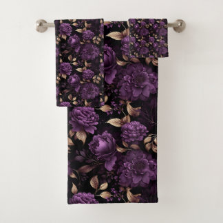 Dark Botanical Gothic Violet And Gold Pattern Bath Towel Set