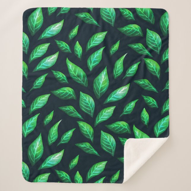 Dark Botanical Green Leaves Abstract Ink Pattern Sherpa Blanket (Front)