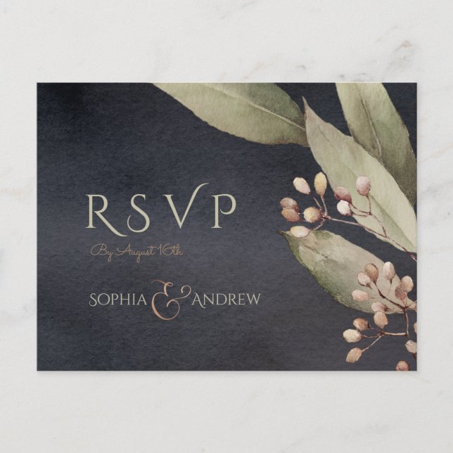 Dark botanical greenery rustic wedding RSVP Invitation Postcard (Front)