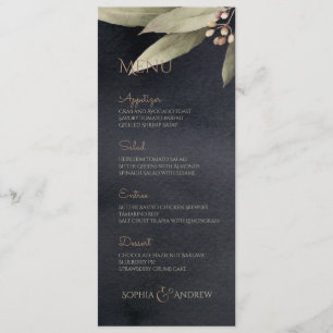 Dark botanical greenery vintage rustic wedding menu