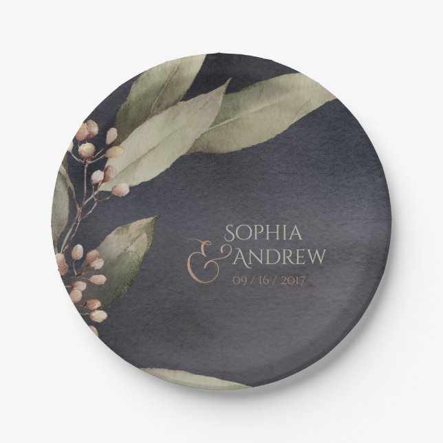 Dark botanical greenery vintage rustic wedding paper plate (Front)