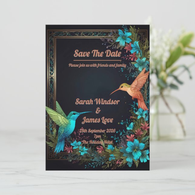 Dark Botanical Hummingbird Theme Invitation (Standing Front)