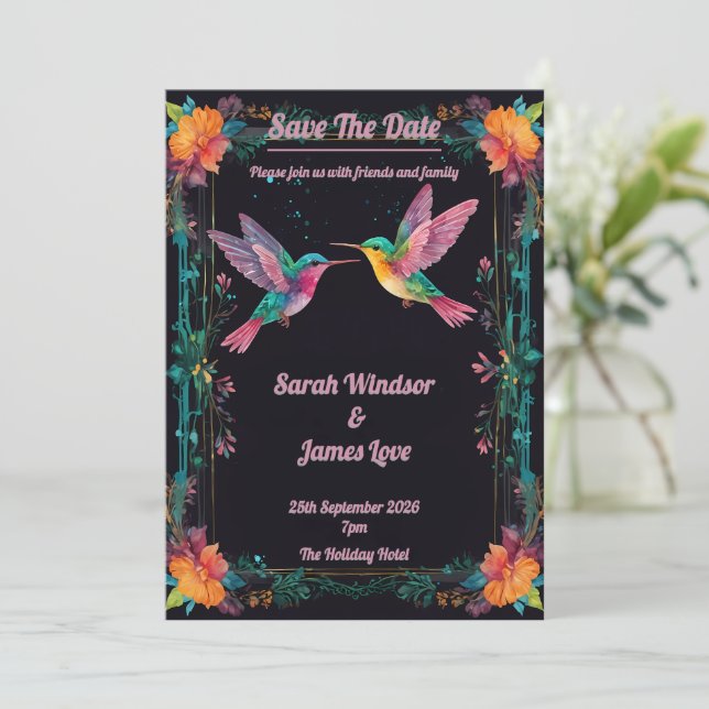 Dark Botanical Hummingbird Theme Invitation (Standing Front)