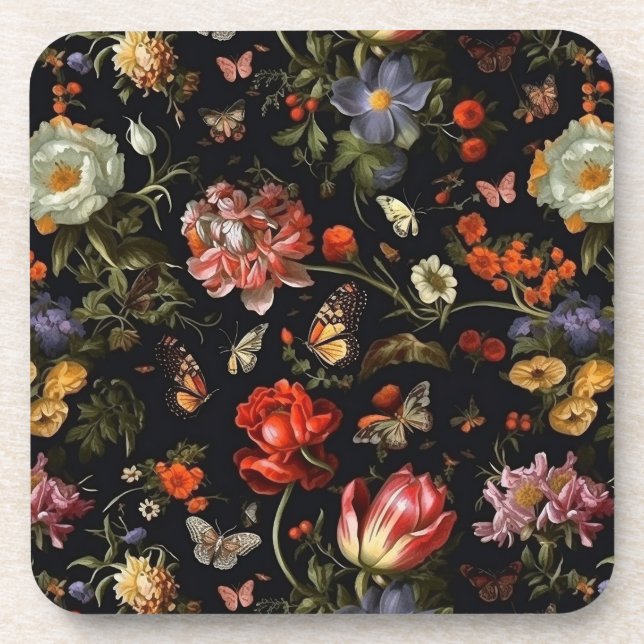 Dark Botanical Maximalist Baroque Floral Elegant Coaster (Front)