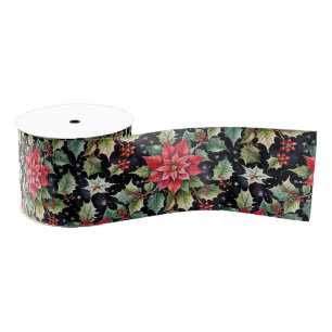 Dark Botanical Poinsettia and Christmas Holly Grosgrain Ribbon