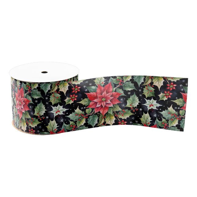 Dark Botanical Poinsettia and Christmas Holly Grosgrain Ribbon (Spool)