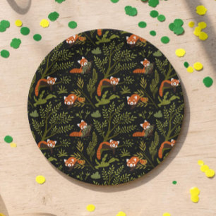 Dark Botanical Red Panda Wild One Birthday Paper Plate